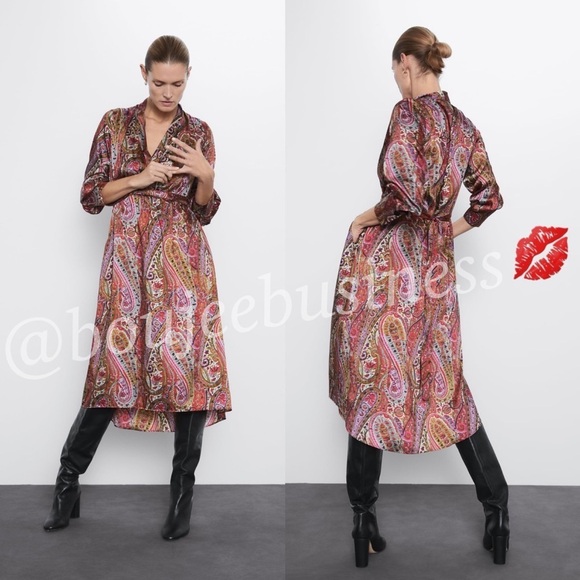 ZARA BNWT Paisley Printed Satin Dress with Belt - Picture 6 of 7